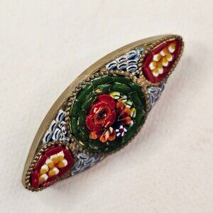 Micro Mosaic Floral Multicolor Brooch Dark Gold Tone Metal Unmarked Pin